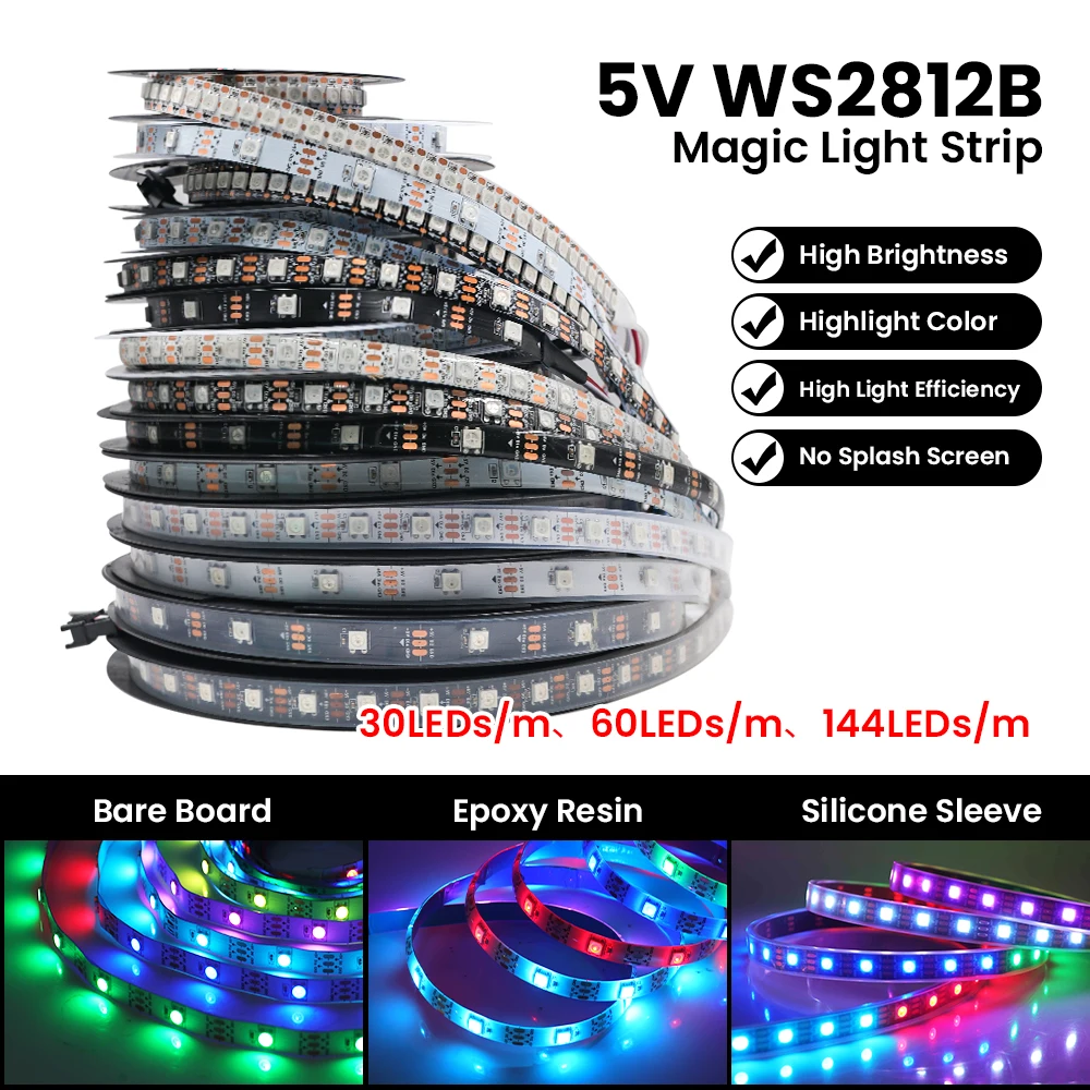 

5V WS2812B RGB LED Strip Individually Addressable Full Color Pixels Magic Light 30 60 96 144LEDs/m Waterproof Ribbon Diode Tape