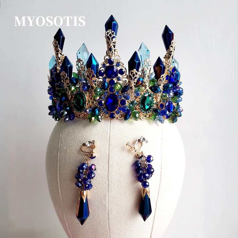 Королевская корона из волос Miss pконкурс, большой синий барочный Королевский головной убор для невесты в стиле ретро, зеленая, синяя стразы, и...