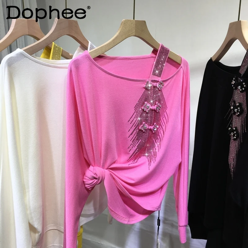 

Hot Drilling Slim-Fit T-shirt Women Sexy Off-Shoulder Buckle Loose Slimming Ice Silk Thin Sweater Top 2022 Spring New Clothes