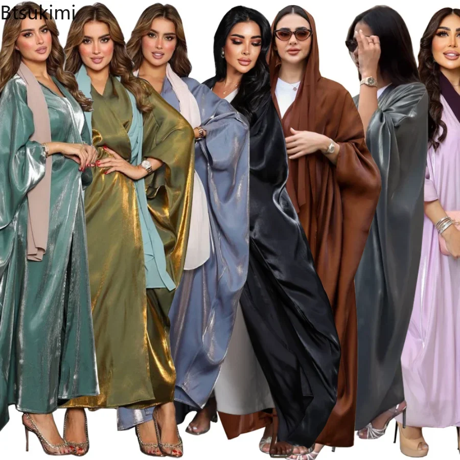 Мусульманское платье Абая Дубай Шелковый атлас Однотонный Марокканский кафтан с