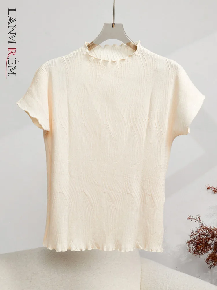 

LANMREM Pleated T-shirt For Women Designer Round Neck Short Sleeves Solid Color Retro Tops Female Clothing 2023 New 32D122