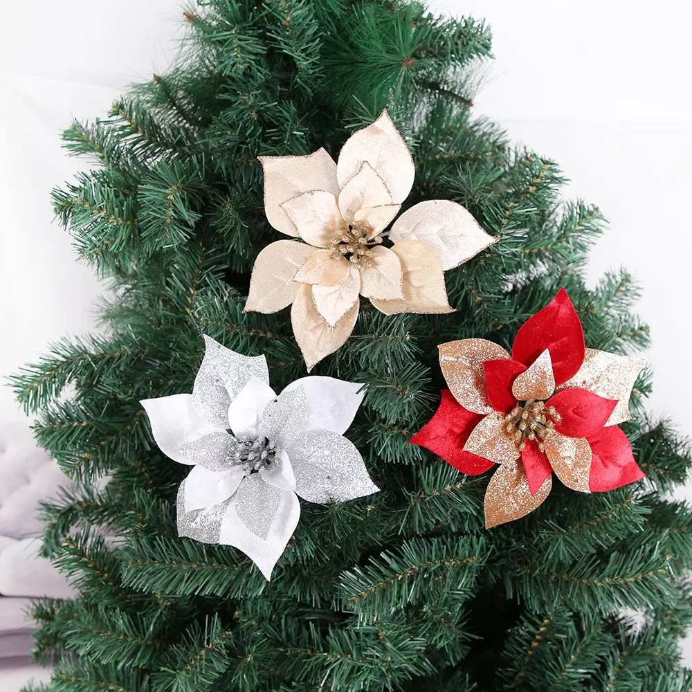 

21cm/16cm/14cm Christmas Artifical Flowers Glitter Poinsettia for Christmas Tree Ornaments Fake Flower Decoration