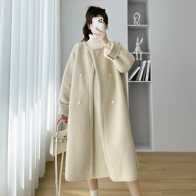 CARECODE Maternity Winter Pregnant Women's Coat Casual Large Thickened Lamb Wool Round Neck Button Fashion Warm Long Cardigan