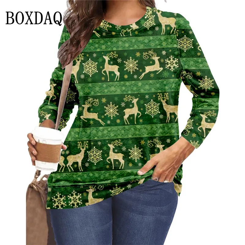 

2022 Autumn Winter Party Christmas Snowflake T Shirt Women Cartoon Deer Print T Shirts Fashion Long Sleeve Loose Plus Size Tops