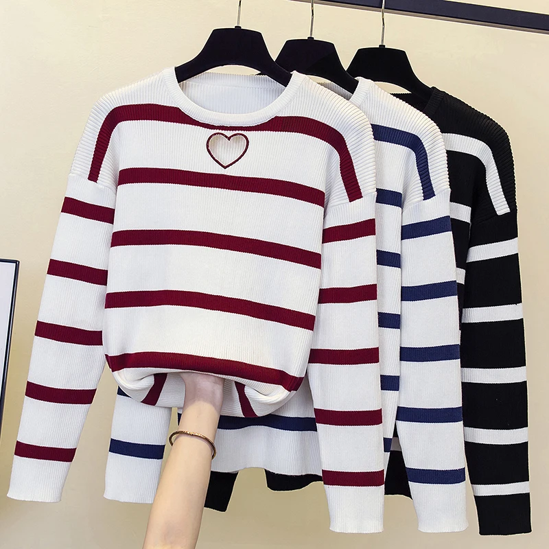 

Large Size Women Sexy Love Hollow Out Sweater Autumn Winter Long Sleeve Stripe Kintting Thick Pullover Female Jumper Top