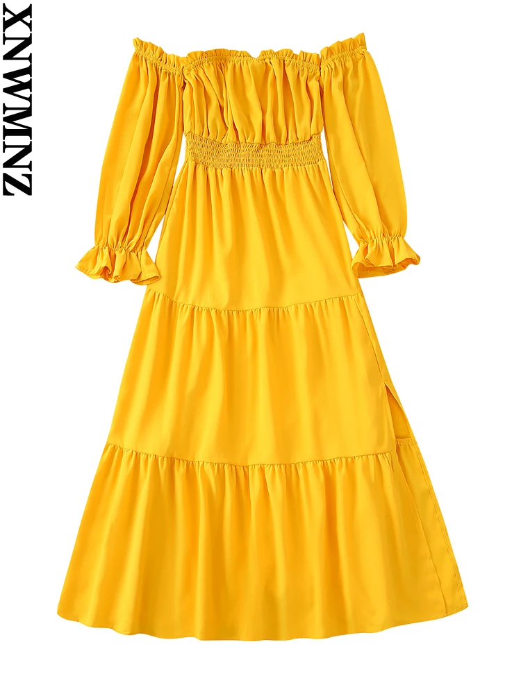 

XNWMNZ 2022 women fashion straight neck side slit dress woman holiday style lotus leaf cuffs elastic waist female chic dresses