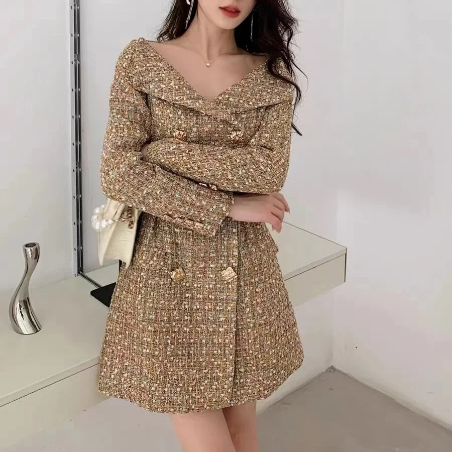 

Women New 2024 Tweed Dress Full Sleeve Deep V-neck Mini Dress Dress Gold Coarse Floral Off-Shoulder Elegant Luxury Brand British