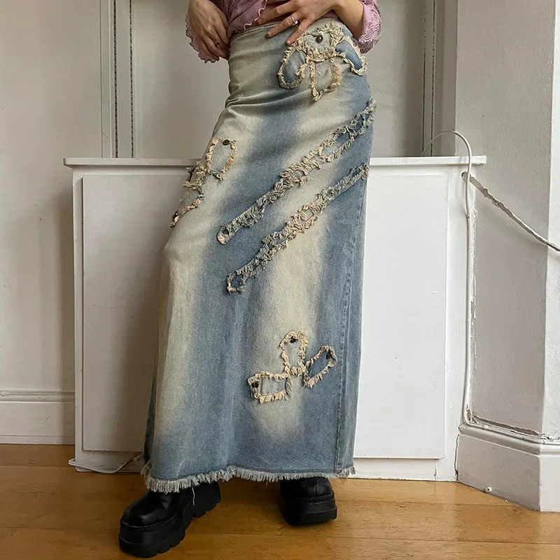 

Gothic Design Temperament Retro Style Asymmetrical Rough Selvedge Applique Do Old Loose Maxi Skirt Women's A-line Denim Skirts