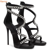 metal chain cross tied sandals cover heel zipper hollow shoes open toe gladiator sandals stiletto heel women summer large size