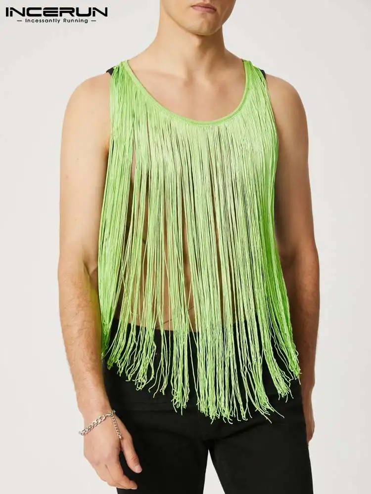 

Men Tank Tops Mesh Tassel Patchwork See Through O-neck Streetwear Sleeveless Vests Breathable Sexy Men Clothing S-5XL INCERUN