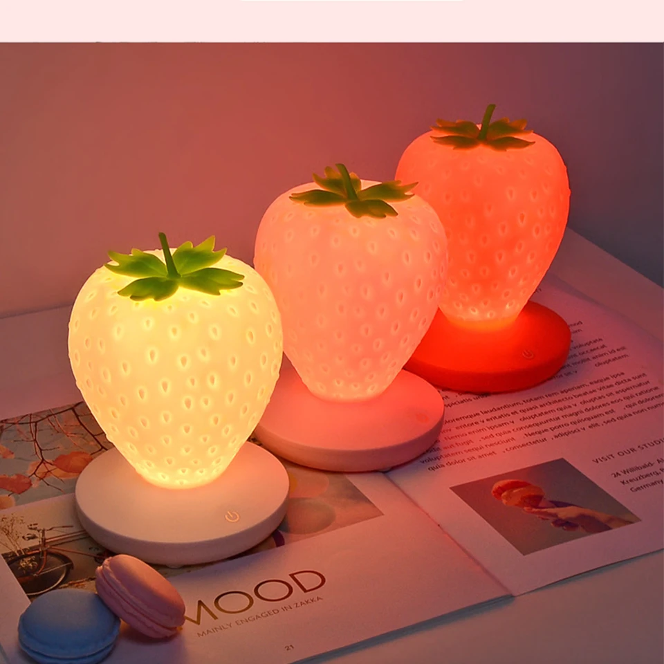 LED Strawberry Night Light USB Charging Bed Decoration Atmosphere Lamp Strange Silicone Eye Table Lamp Children Gift