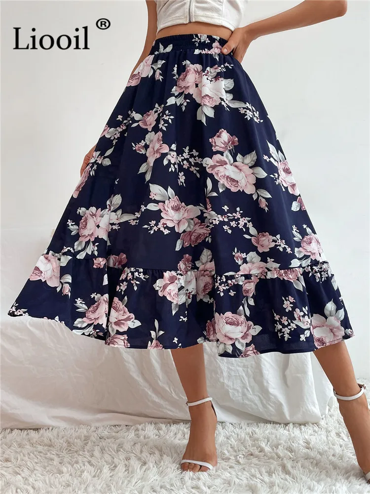 

Liooil High Waist Floral Print Midi Skirt Women Bottoms Streetwear Summer Dark Blue Bohemian Holiday Beach Sexy A-Line Skirts