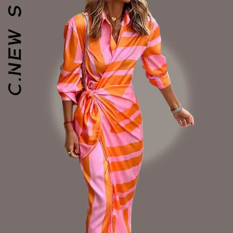 

C.New S Women Dress Fashion Blouse Neck Tie Mid Length Striped Skirt Lazy Party Dresses Slim Harajuku Female Woman Clothes