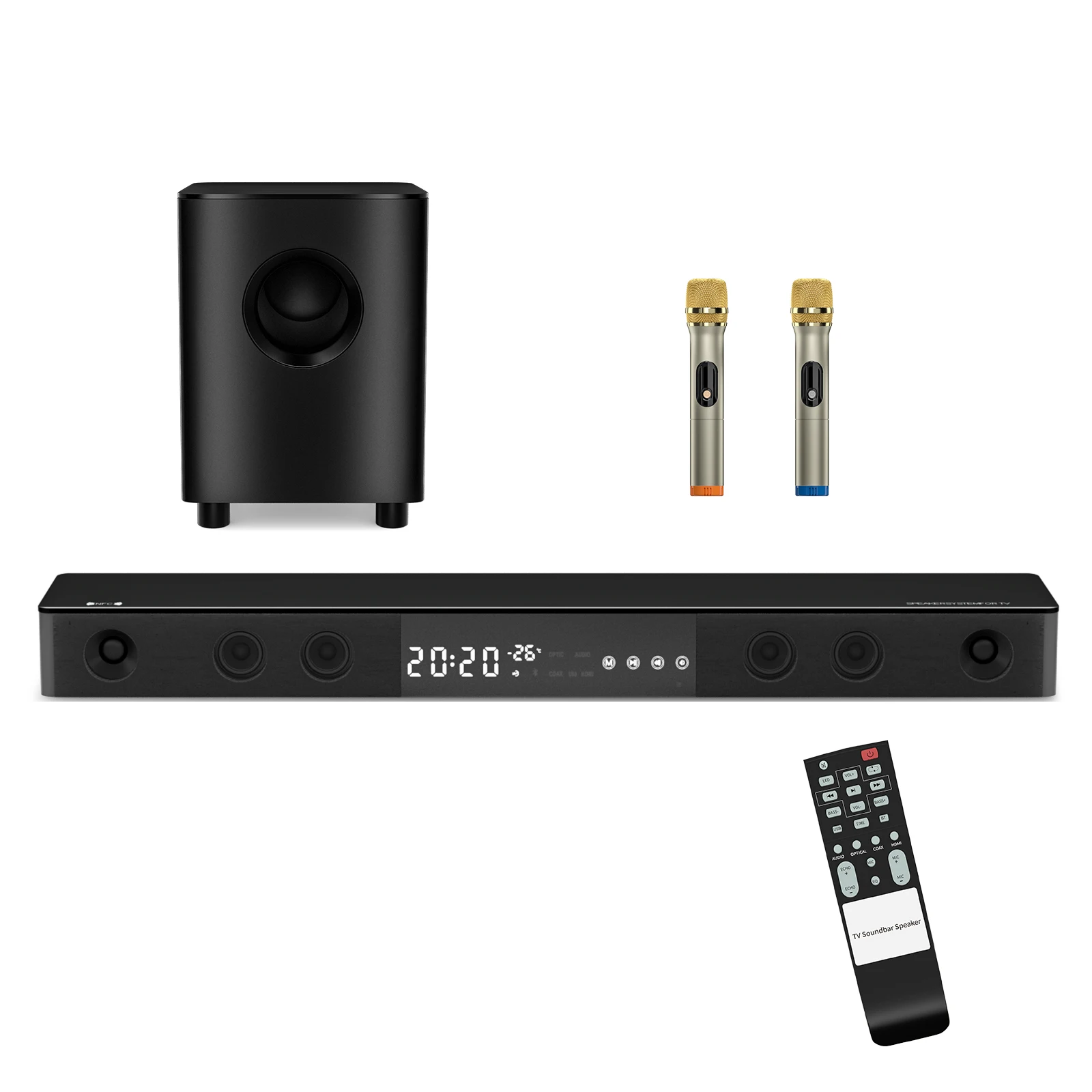

Fosi Audio B10 2.1 CH Sound Bar for TV Surround Sound Speaker with U-Disk/Optical/Coaxial/HDMI(ARC)/NFC with Microphones
