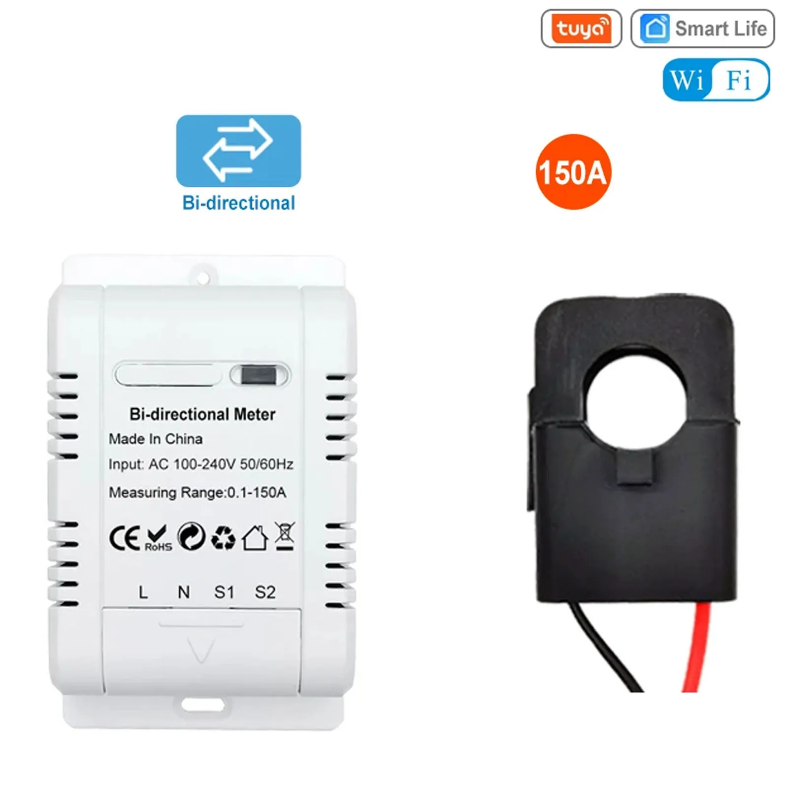 

Wifi Smart Meter 150A Clamp AC 100V-240V Bi Directionele Energie Meter Mobile App Monitoring Sensortransformer