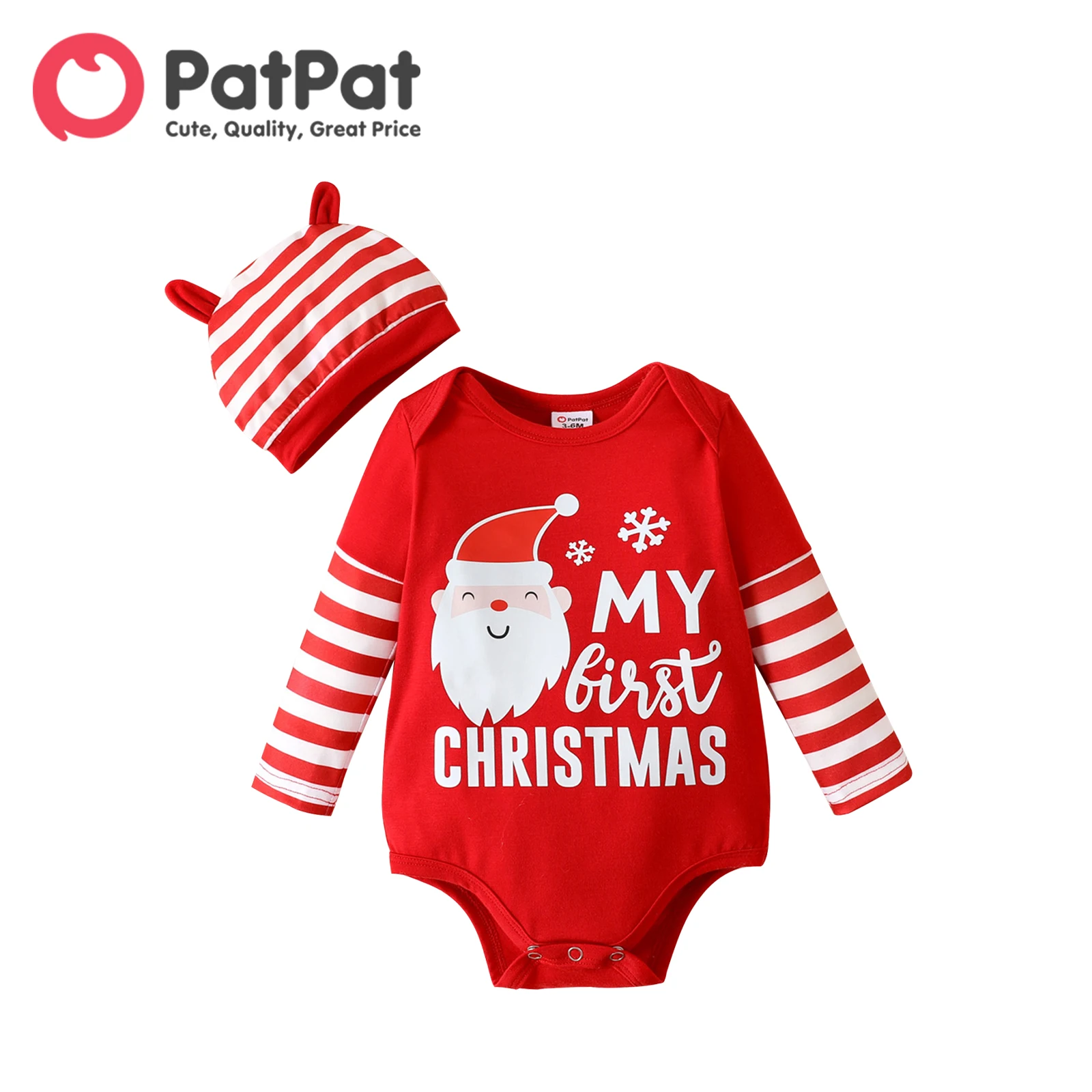 

PatPat Christmas 2pcs Baby Boy Santa & Letter Print Red Striped Long-sleeve Romper with Hat Set