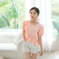 girls solid ruffle trim top shirt 2022 summer new child big girl clothes casual korean blouse for 5 6 7 8 9 10 11 12 13 14 years
