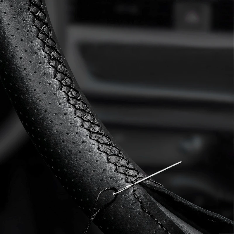 

Diameter 38cm Hand-stitched Black Perforated Leather Car-styling Interior Steering Wheel Cover With Needle and Thread Kits