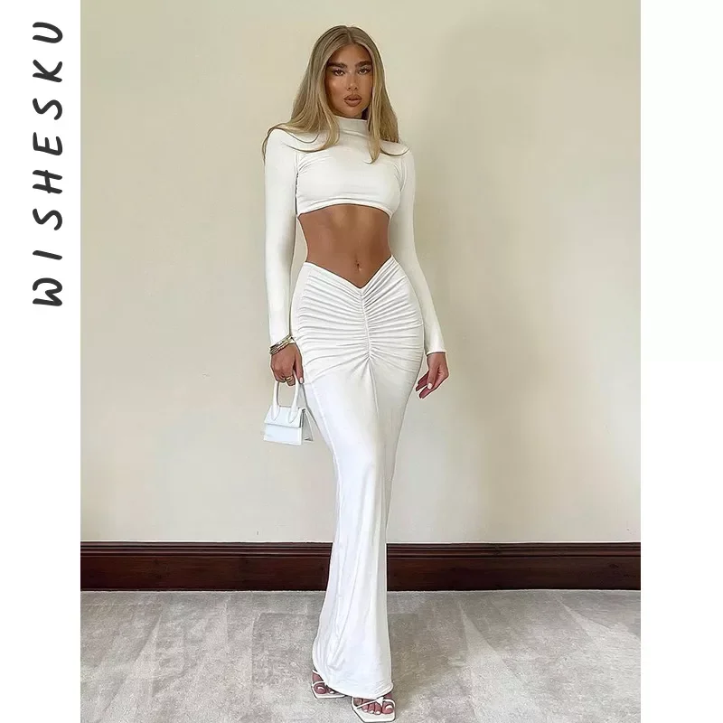 

Women Sexy Long Sleeve Crop Tops+Ruched Maxi Skirts White 2 Two Piece Sets Party Clubwear Outfits Pencil Long Skirt 2021 Autumn