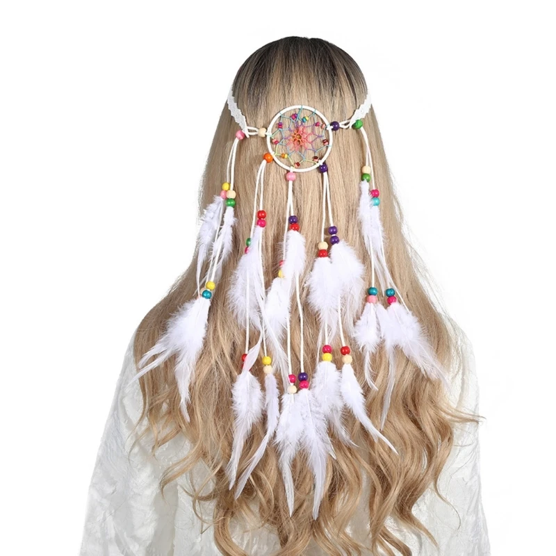 

Повязка на голову в этническом стиле с украшением из перьев и бусин, уникальный обруч для волос, женская повязка на голову для