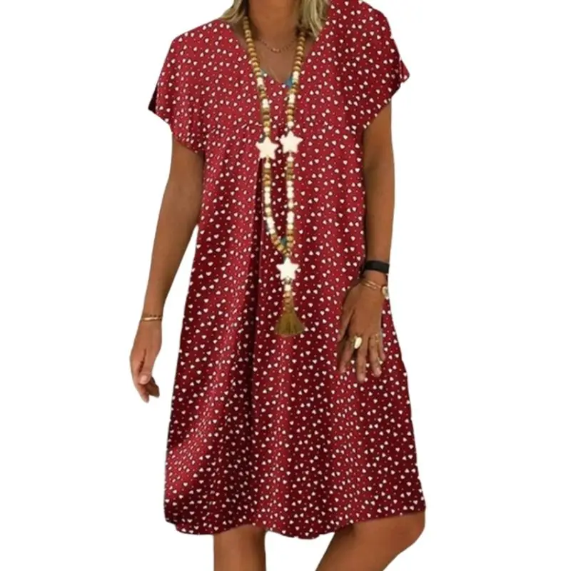 

Women Summer Short Sleeve V-Neck Loose Midi Dress Heart Printed Sundress S-5XL