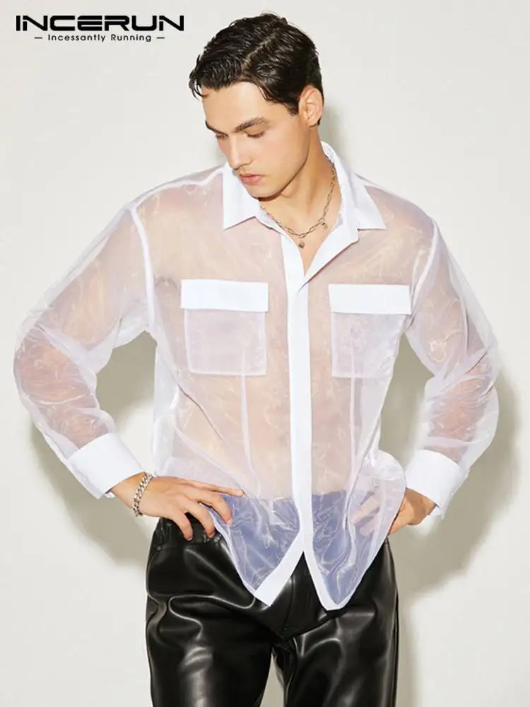 

INCERUN Men Shirt Mesh Patchwork See Through Lapel Long Sleeve Streetwear Camisas 2022 Pockets Fashion Party Nightclub Tops 7