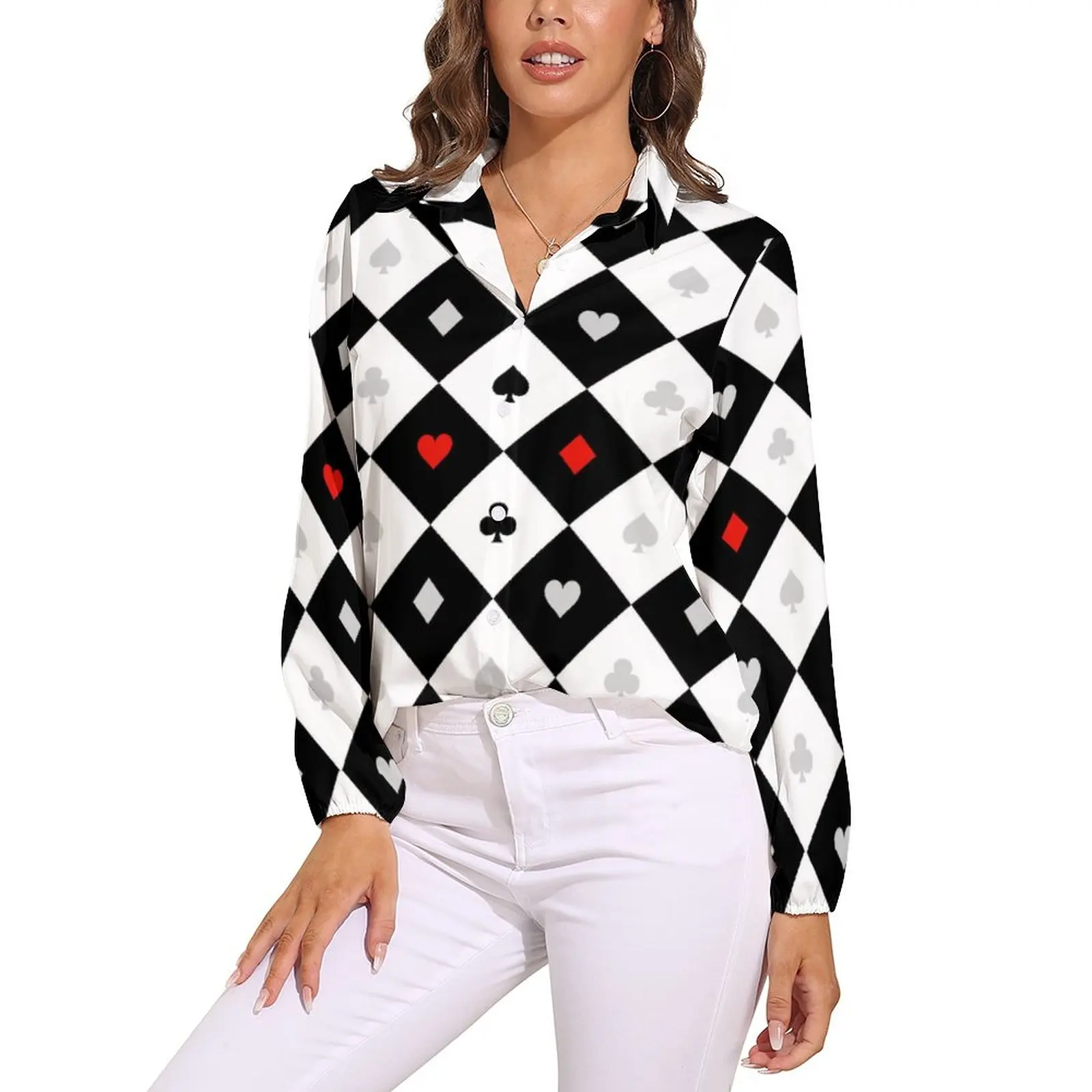 

Heart Cards Blouse Poker V Neck Chic Plus Size Woman Shirt Beach Top Shirts