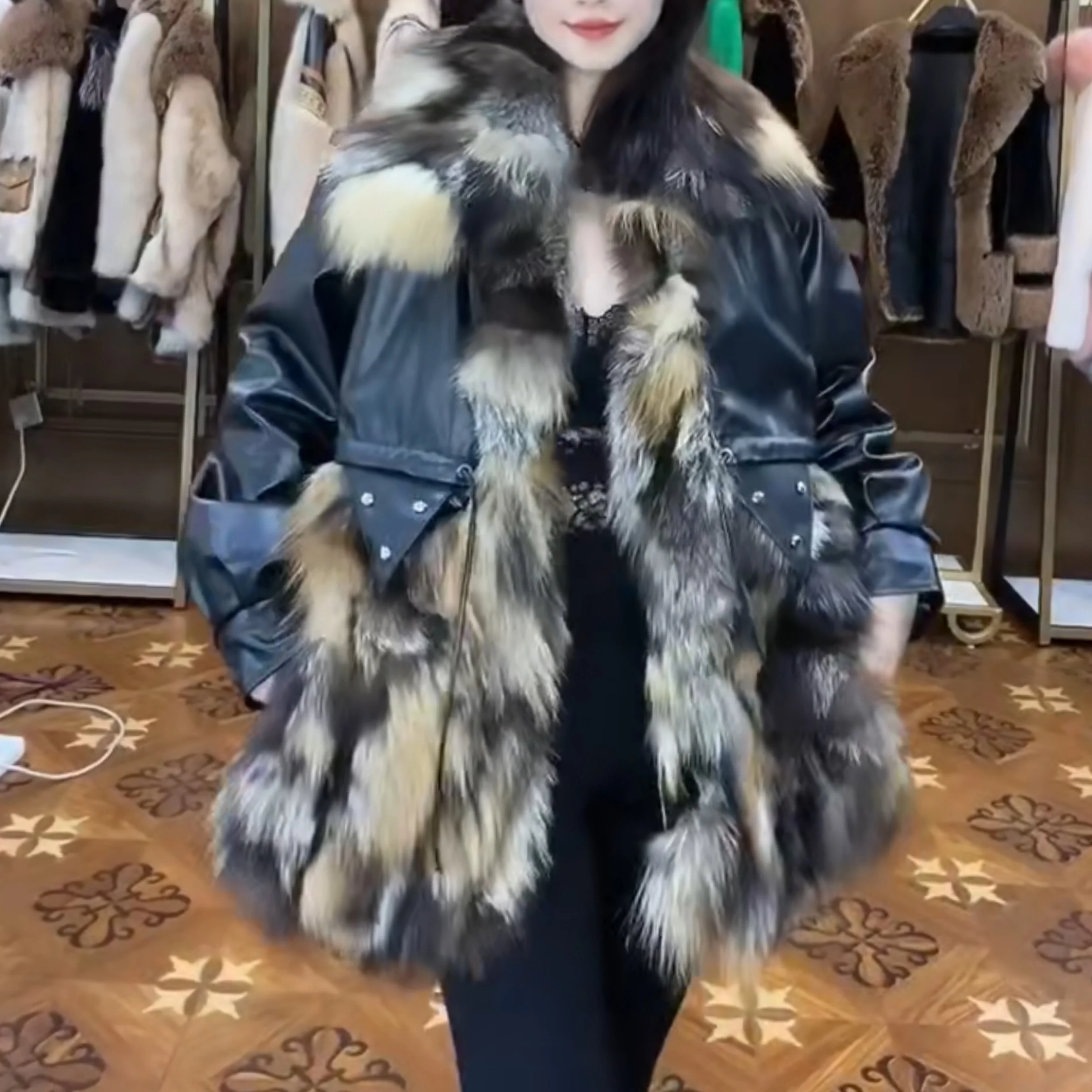Winter Fur Women 2022 New High-End Fox Fur with Leather Heavy Design Fur Jacket Long-Sleeved Ladies Mid-Length Warm Slim Coats