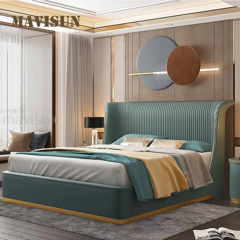 S No Chromatic Aberration Leather Solid Wood Ergonomic Design With Beside Tables Double Bed