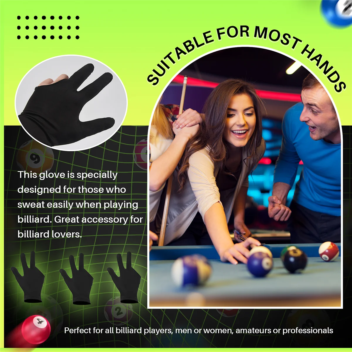 20 шт. дышащие перчатки для снукера левой и правой руки кия с 3 пальцами женщин