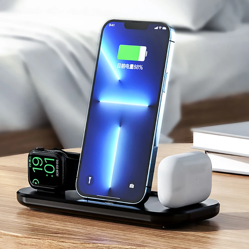 

Быстрая зарядка 3 в 1 для iPhone 13, 12 Pro, 11, 8, iwatch, беспроводная зарядная станция для Airpods Pro 2, 3, портативные быстрые зарядные устройства H