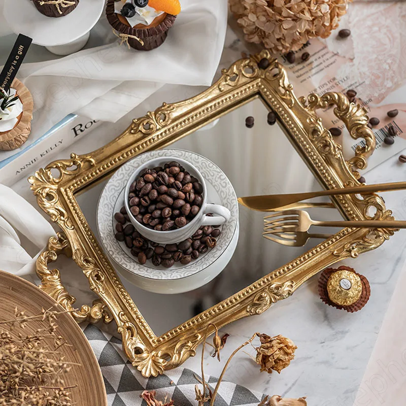 

European Palace Vintage Trays Decorative Golden Carved Glass Mirror Coffee Table Tray Afternoon Tea Cake Snacks Tray Home Decor