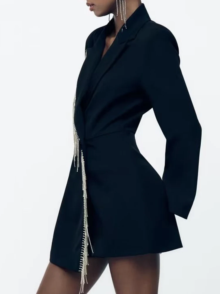 YENKYE New 2023 Women Tassel Trim Blazer Style Jumpsuit Black Playsuits Long Sleeve Elegant Ladies Office Shorts Rompers