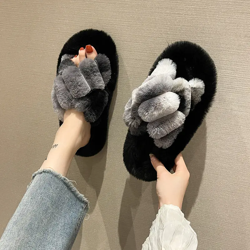 

Winter Female Warm Slippers Color Matched Indoor Outdoor Wear Thick Leisure Fashion Cross Cotton Furry Women Home Slippers E478