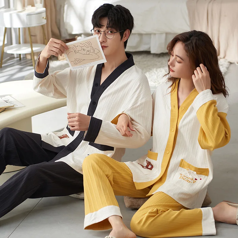 Kimono Cotton Men Home Suit Autumn Long Sleep Tops Women Pajamas Set Pjs Couple Pijamas Suit Male Female Homewear Freeshipping