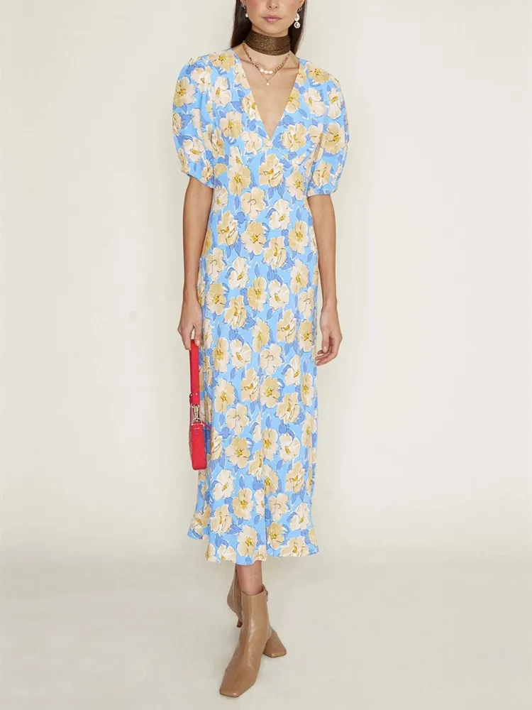 Women V-Neck Casual Mid-Length 100% Viscose Dress Female Half Sleeve A-Line Flower Print Fresh Temperament Robe 2023 New Summer
