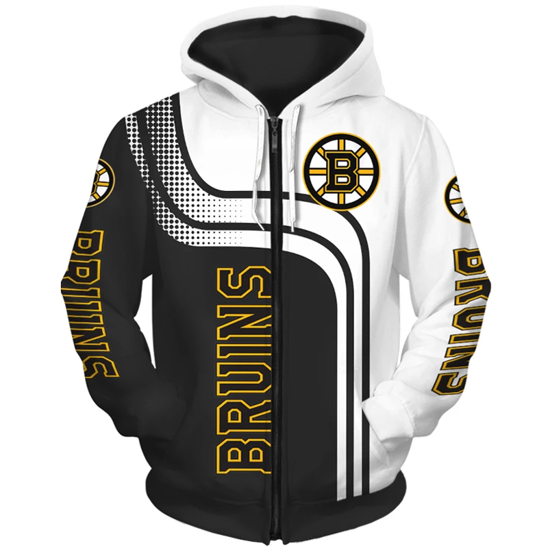 

Boston men's Fashion Long Sleeve 3D Bruins Zip Hoodies White Black Stitching Curve Circular Printing Sweatshirt