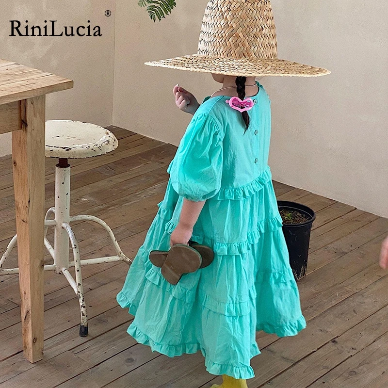 

RiniLucia 2022 Girl Dress Spring Summer Square Collar Casual Wear Green Gown Half Sleeve Ruffles Children Clothes Kids Dresses