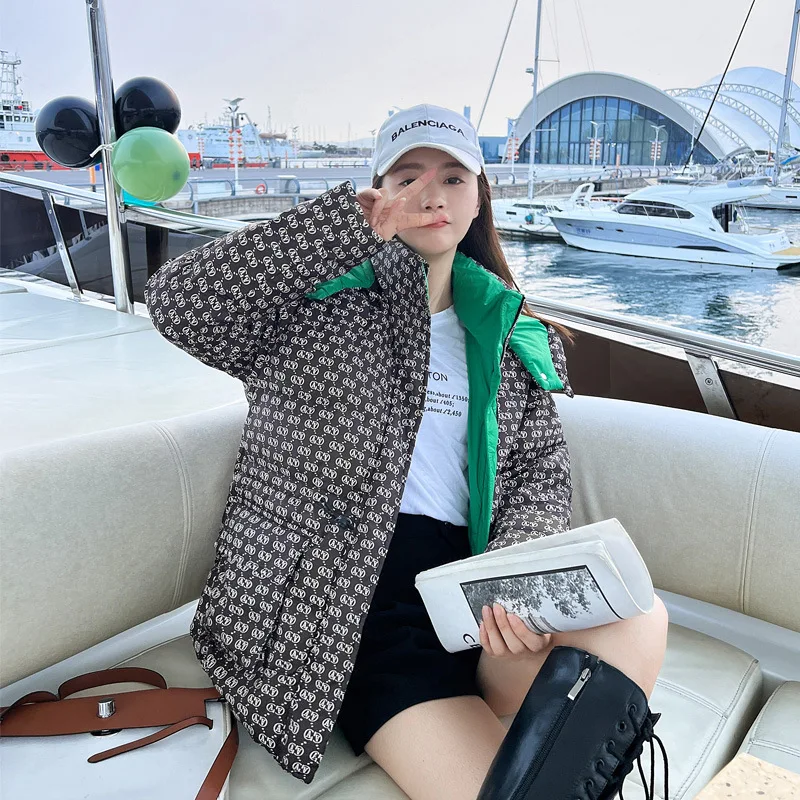 Women's Parkas Coat 2022 Winter New Houndstooth Contrast Color Loose Hooded Short down Jacket Women's Bread Coat