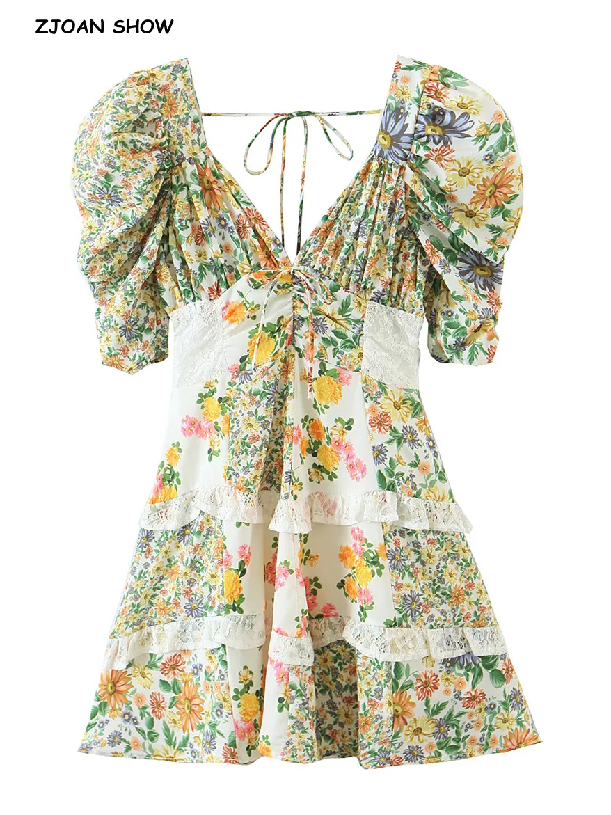 2022 Ruched Deep V neck Puff Sleeve Green Floral Print Mini Dress Women Spliced Lace Lacing Up Backless Dresses Holiday Robe