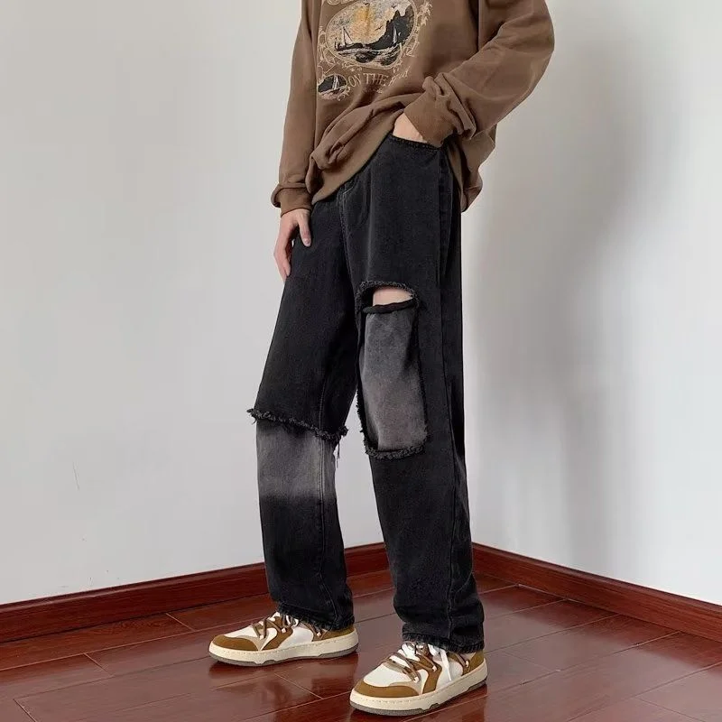 Summer Ripped Black Jeans Men Fashion Retro Casual Straight Jeans Men Streetwear Hip Hop Loose Hole Denim Pants Mens Trousers