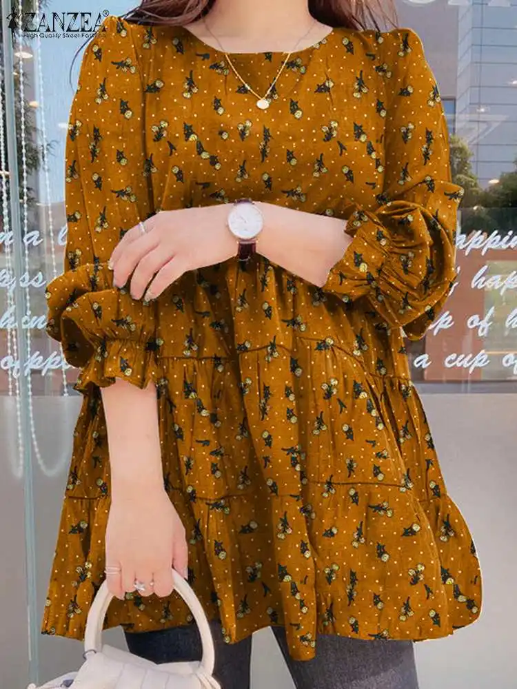 

2022 Модные топы с принтом и оборками, женская блузка на весну и осень, элегантные праздничные свободные рубашки ZANZEA, повседневные хлопковые р...