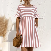 summer women sexy striped o neck ruffled stitching short sleeve pocket a line dress casual boho dress sundress vestidos