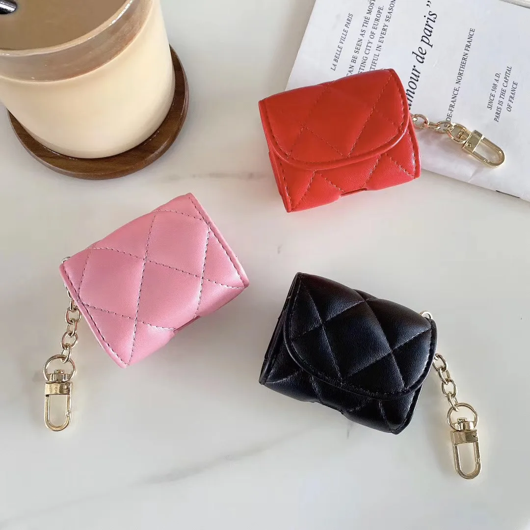 

Luxury Brand PU Leather Earphone Case with Button Keychain for Airpods Pro Girls Lattice Protective Cover for Airpods 1/2