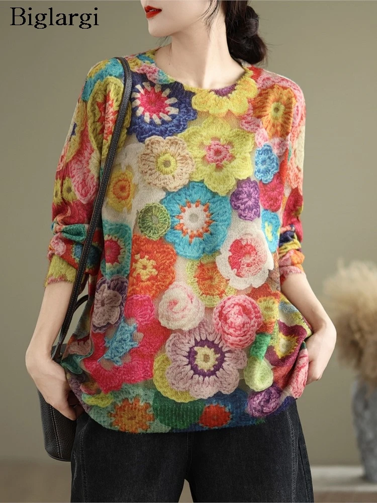 Осенний пуловер большого размера с цветочным принтом женский свитер длинным