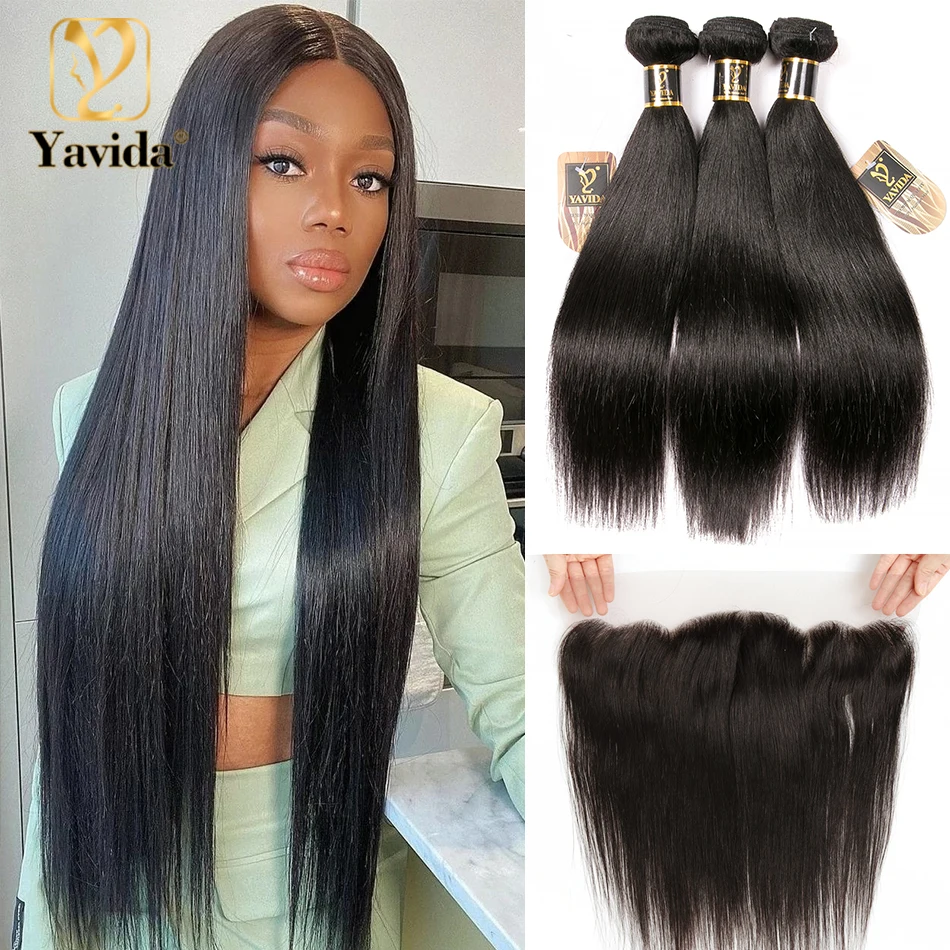 

13x4 HD Lace Frontal 3 Pcs Straight Bundles With Frontal Closure Pre Plucked Natural Hairline Malaysian Human Hair With Frontal