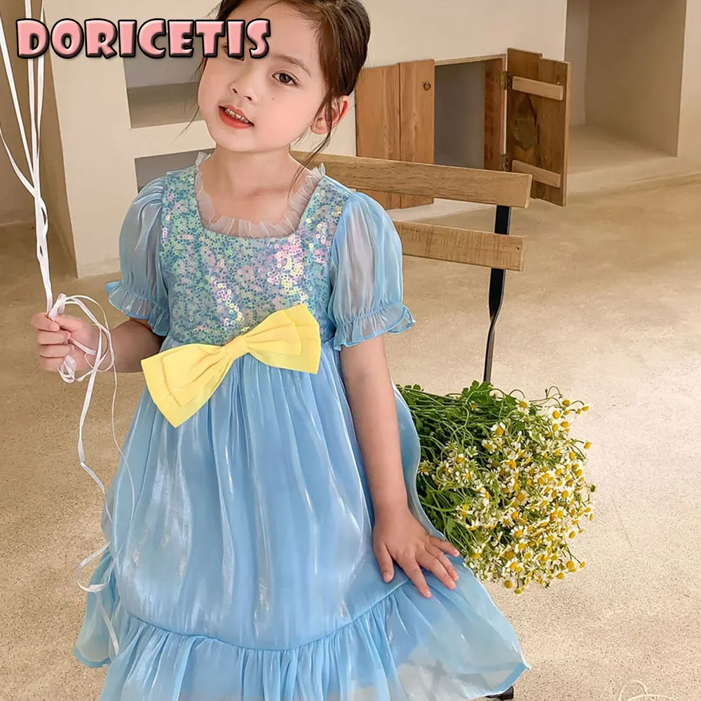 

Children Dress Cute Sequins Bowknot Decoration Solid Color Puff Sleeve Fluffy Skirt Summer Little Girl New Princess Gauze Dress