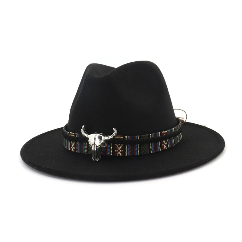 

Fedora Hats Women Men Wide Brim Faux Wool Felt jazz top hat with Bull Head Band Unisex Carnival Panama party Cowboy Trilby Cap