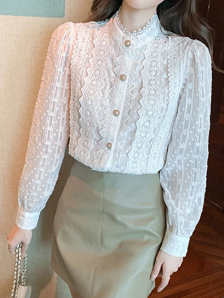 2022 белая кружевная блузка и рубашка осенние женские топы Элегантная с длинным