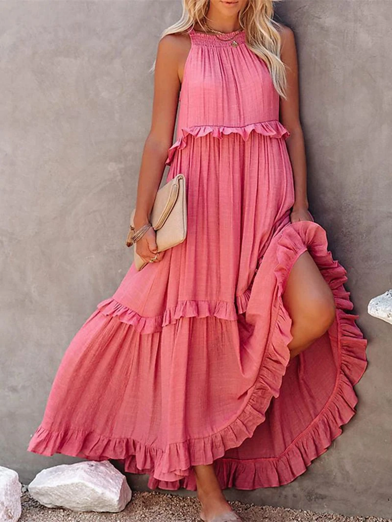 

Summer Loose Long Dress Women Casual Elegant Ruffle Halter Sleeveless Female Party Outfits Beach Maxi Dresses Green Tie-Up Robe